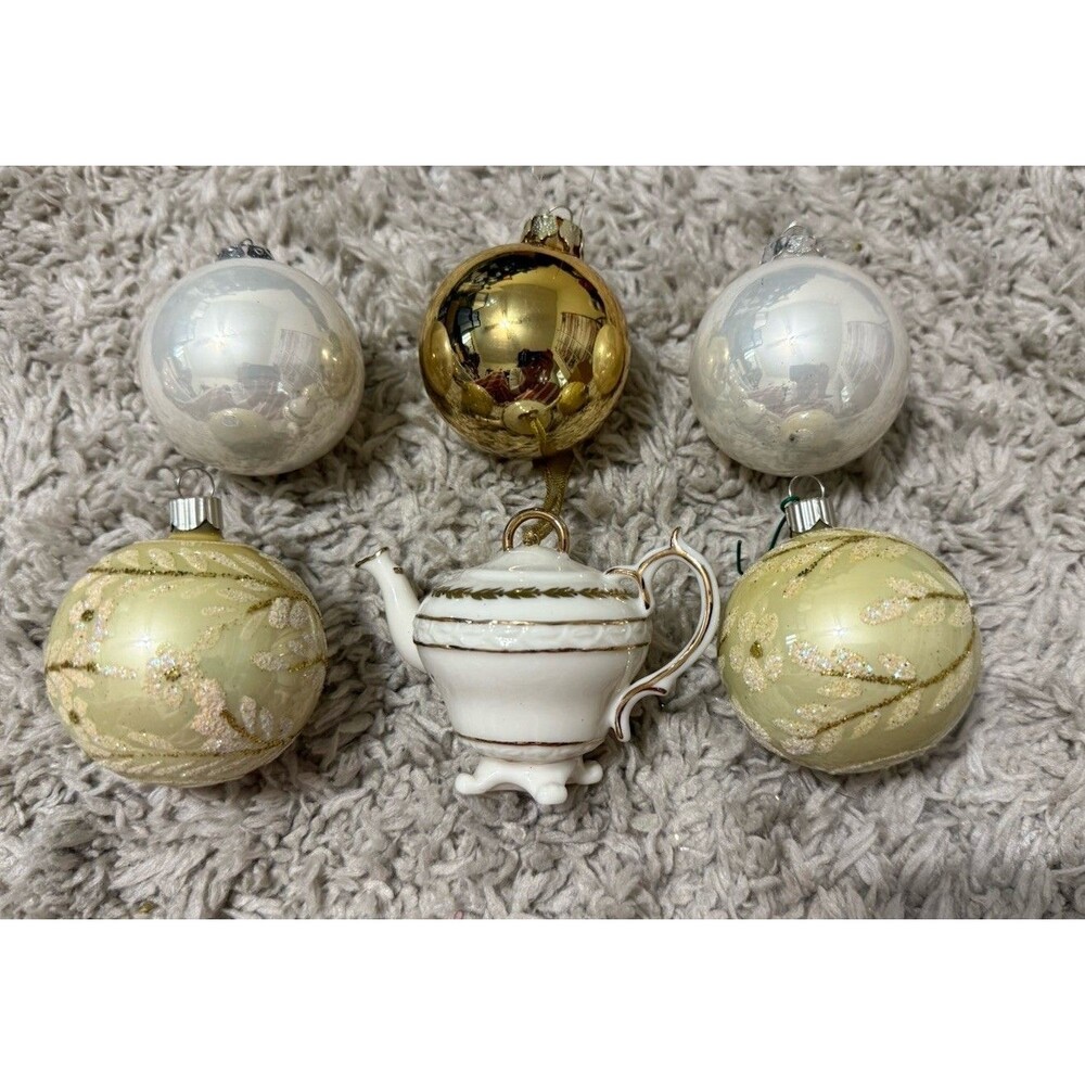 Vintage Porcelain Stout White Teapot with Gold Trim Christmas Tree Ornament Lot